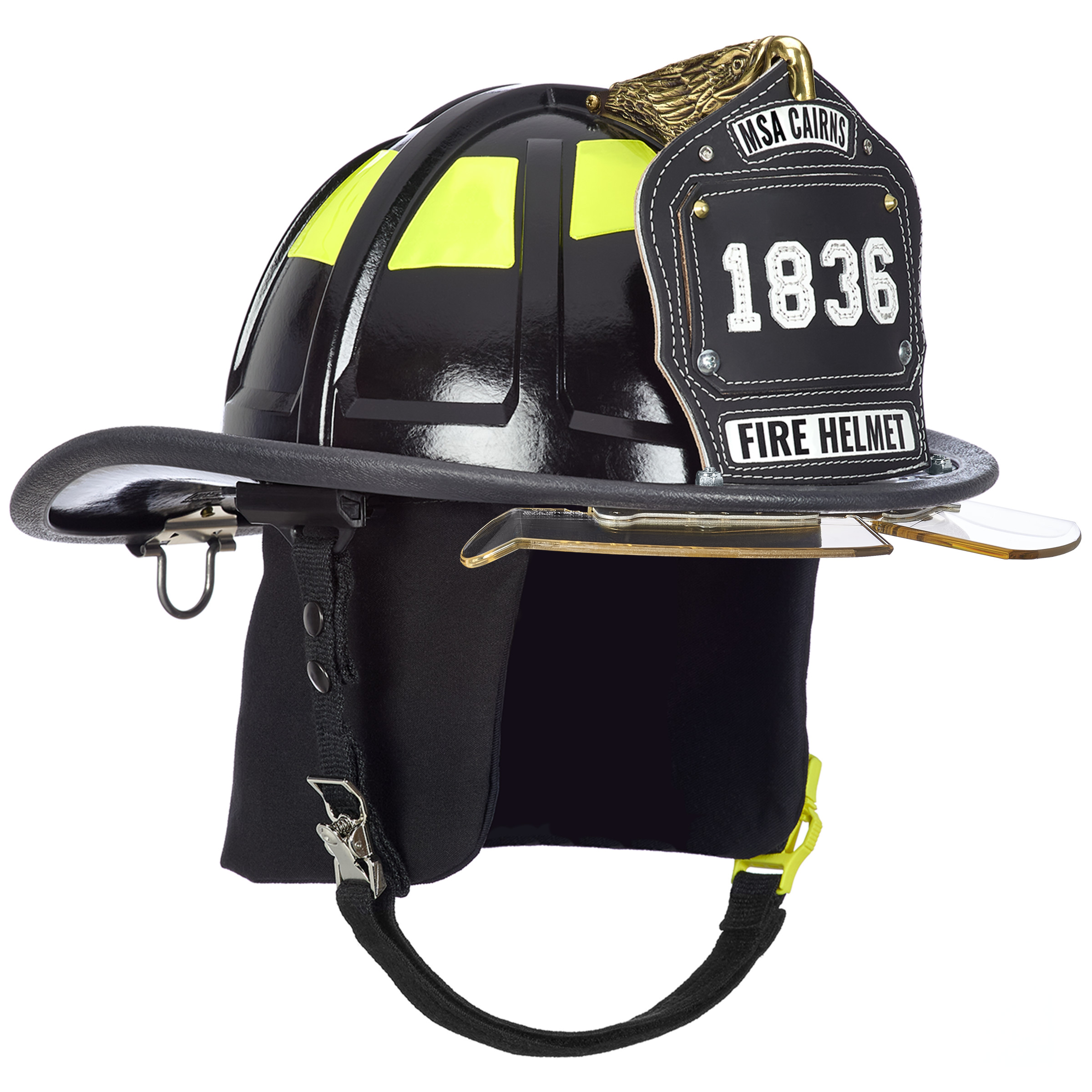 Cairns 1836 Black Fire Helmet, with standard liner, bourkes Bourkes Visor, Black Nomex earlaps, 6" carved eagle, Reflexite lime yellow